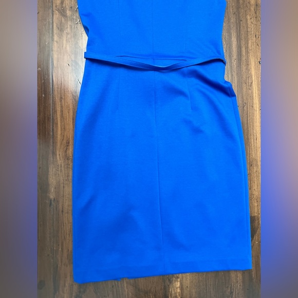 David Meister Sheath Dress Blue Size 6 Belted Ruffle Business Chic Sleek EUC - Picture 6 of 16